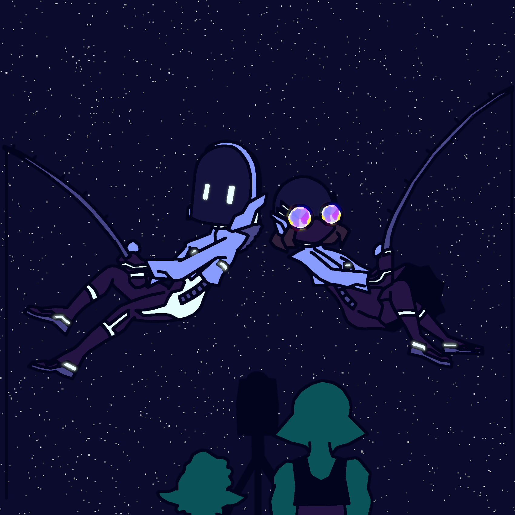 Sonny and Rezo float in space, holding fishing rods as Zyzygy and Ezicon film for a music video.