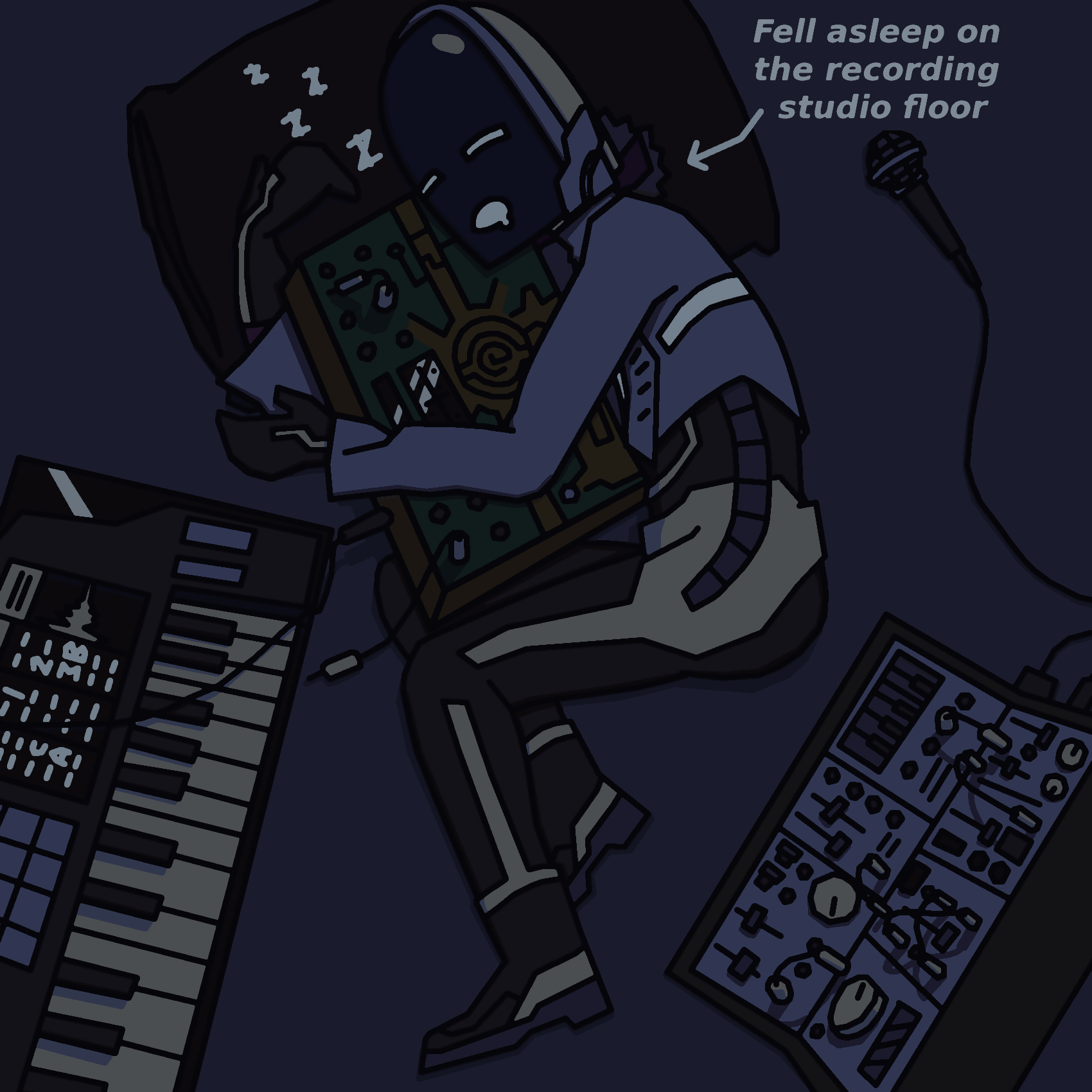Sonny sleeps on the floor of the recording studio, hugging a new strange-looking synthesizer.